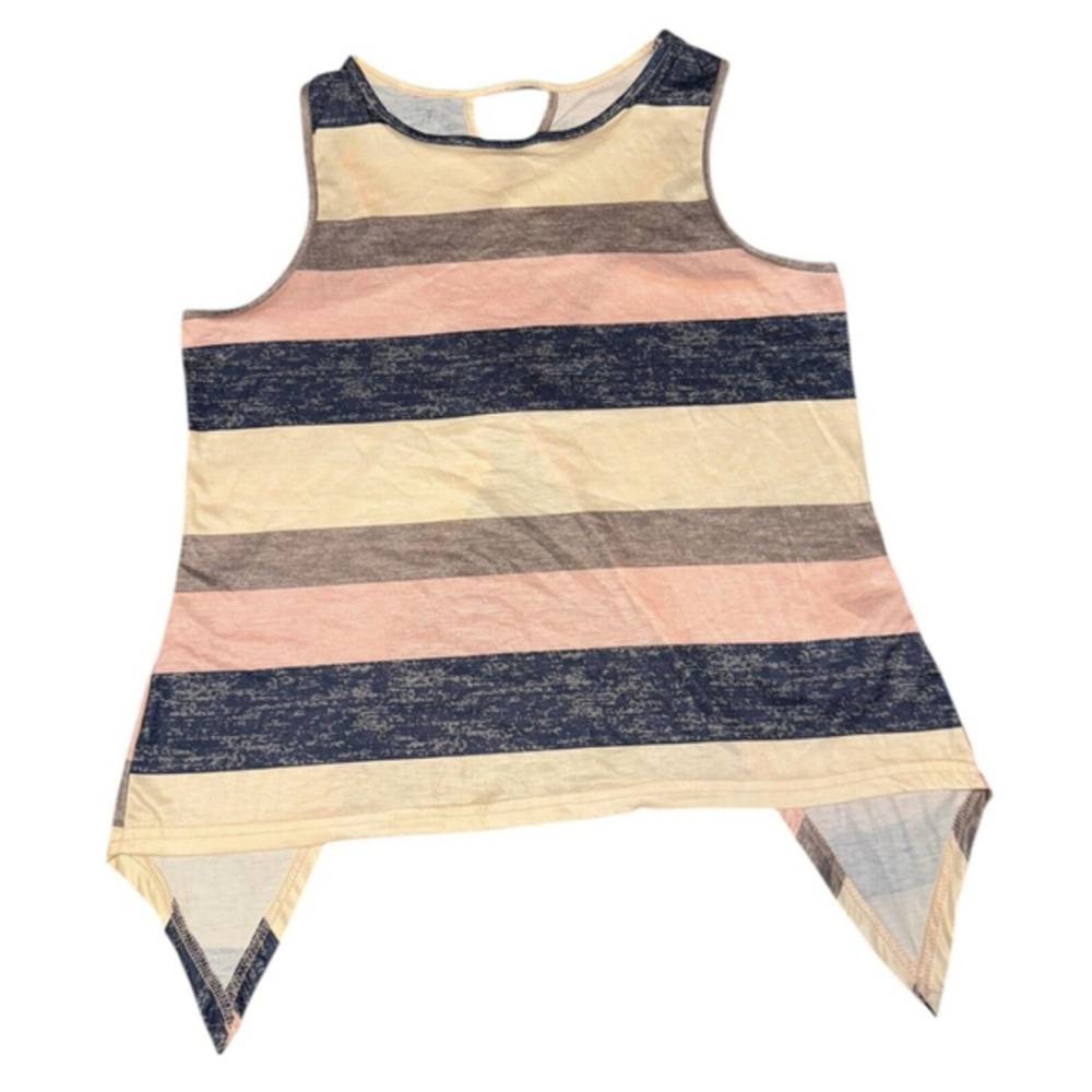 Striped Sleeveless Handkerchief Hem Tank Top with Open Back Detail - Size M
